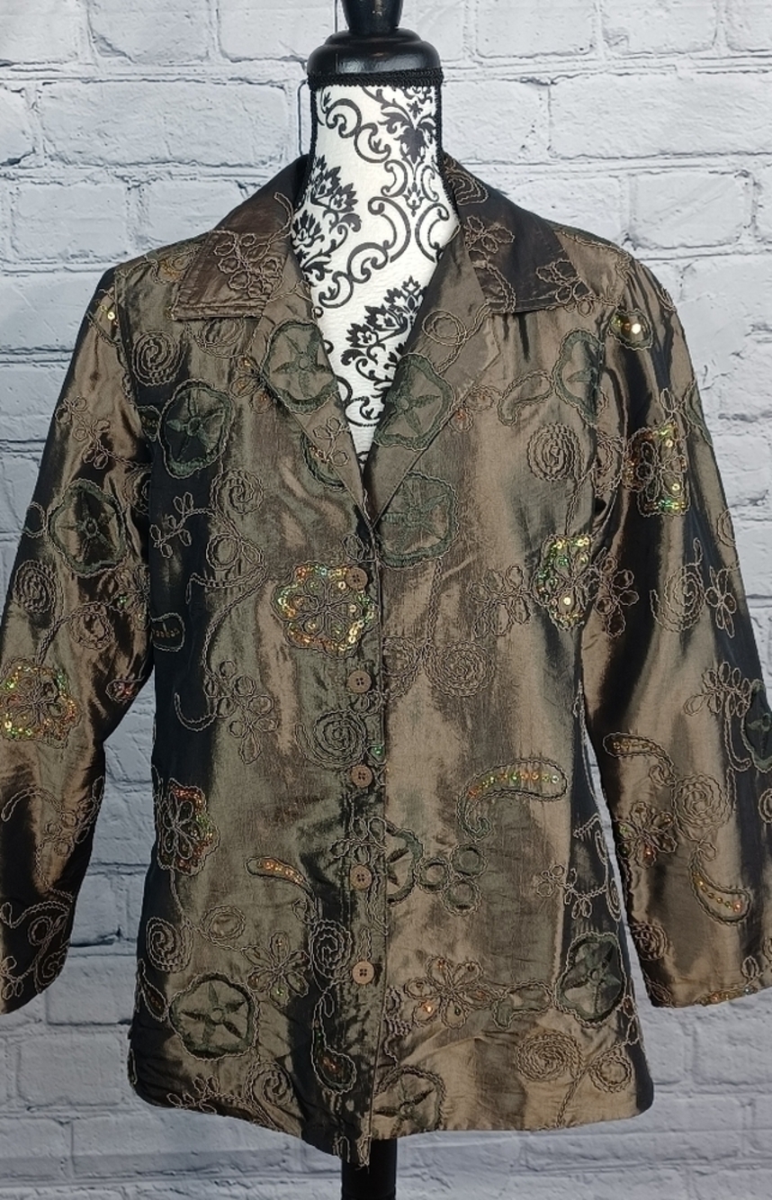 Susan Graver women's long sleeve sequins lined jacket sz s button front bb15